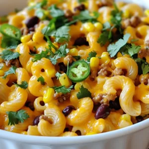 To make Cheesy Taco Pasta Skillet, you need: - 8 oz elbow macaroni - 1 lb ground turkey or beef - 1 medium onion, diced - 2 cloves garlic, minced - 1 packet taco seasoning - 1 can (15 oz) black beans, rinsed and drained - 1 cup corn (frozen or canned) - 1 can (14.5 oz) diced tomatoes, with juices - 2 cups chicken broth - 1 cup shredded cheddar cheese - ½ cup sour cream - Salt and pepper to taste For added flair, consider these garnishes: - Chopped fresh cilantro - Sliced jalapeños (for heat) You can swap ingredients if needed: - Use whole wheat pasta for added fiber. - Ground chicken works well instead of turkey or beef. - Replace sour cream with Greek yogurt for a tangy twist. - Canned corn can be replaced with fresh corn off the cob. {{ingredient_image_1}} Start by heating a large skillet over medium heat. Add one pound of ground turkey or beef. Cook until the meat is brown. This will take about five to seven minutes. If there is any extra fat, drain it off. This keeps the dish light and tasty. Next, add a diced medium onion and two minced garlic cloves. Sauté them for three to four minutes. You want the onion to turn soft and clear. Then, stir in one packet of taco seasoning. Mix well so every bit of meat gets that zesty flavor. Now it’s time to add more good stuff! Toss in eight ounces of elbow macaroni, one can of rinsed black beans, and one cup of corn. Add one can of diced tomatoes with their juices and two cups of chicken broth. Stir everything together until it looks colorful and mixed. Bring your skillet to a gentle boil. Once it bubbles, reduce the heat to low. Cover the skillet and let it simmer for twelve to fifteen minutes. Stir it occasionally to make sure the pasta cooks evenly. When the pasta is al dente, remove the skillet from heat. Now, mix in one cup of shredded cheddar cheese and half a cup of sour cream. Stir until it’s all melted and creamy. Season with salt and pepper to taste. To finish, sprinkle chopped fresh cilantro on top. You can add sliced jalapeños for some heat if you like. To get the best texture, cook the elbow macaroni just right. It should be al dente, which means it is firm but not hard. This adds a nice bite to your dish. Stir the pasta often while it cooks. This helps prevent sticking and ensures even cooking. If your dish looks too dry, add a splash of chicken broth. This keeps everything creamy and smooth. You can boost the flavor in many ways. Add a squeeze of lime juice for a fresh taste. Fresh cilantro adds brightness too. If you want heat, toss in sliced jalapeños. For a cheesy kick, mix in pepper jack cheese with the cheddar. Try using fresh spices like cumin and chili powder if you want more depth. They can really make your dish pop! One mistake is overcooking the pasta. This can make it mushy and less enjoyable. Another common error is forgetting to season. Always taste your dish before serving. Adjust the salt and pepper as needed. Don’t skip the sour cream; it adds creaminess. Lastly, be sure to drain the beans well. Too much liquid can make your pasta soggy. Pro Tips Cook Pasta Separately: For a firmer texture, cook the pasta separately and add it to the skillet just before serving. This prevents the pasta from overcooking and becoming mushy. Use Fresh Ingredients: Using fresh vegetables and herbs can enhance the flavor of your dish significantly. Consider adding bell peppers or fresh corn for added sweetness. Adjust Spice Level: To control the heat, taste the mixture before adding jalapeños or other spicy ingredients. You can always add more, but it’s hard to take heat out! Leftover Storage: Store leftovers in an airtight container in the fridge for up to 3 days. Reheat gently on the stove, adding a splash of broth for moisture. {{image_2}} You can easily make this dish vegetarian. Simply swap the ground meat for 1 cup of lentils or 1 cup of diced mushrooms. This keeps the rich flavors while adding healthy plant protein. You can also add more beans or veggies to enhance the mix. Zucchini and bell peppers work great here. If you want a different protein, consider chicken or shrimp. These options add unique flavors to the dish. Ground chicken or turkey gives a lighter taste. For shrimp, cook them until pink and tender. They add a nice touch of sweetness. Adjust the spice level to fit your taste. If you want it mild, use less taco seasoning. You can add diced bell peppers for sweetness too. For a kick, toss in more jalapeños or a dash of cayenne pepper. Taste as you go to find your perfect heat level. To store leftovers, let the Cheesy Taco Pasta Skillet cool down first. Then, place it in an airtight container. You can keep it in the fridge for up to three days. Make sure to label the container with the date. This way, you know when to eat it. To reheat, you can use the microwave or the stove. If using the microwave, place a portion in a bowl and cover it. Heat it for 1-2 minutes or until warm. If using the stove, add a splash of water to the skillet. Heat over low heat, stirring until hot. This helps keep the pasta creamy. You can freeze this dish for longer storage. First, let it cool completely. Then, transfer it to a freezer-safe container or bag. Remove as much air as possible to prevent freezer burn. It can last up to three months in the freezer. When ready to eat, thaw it in the fridge overnight before reheating. Yes, you can use different pasta shapes. Penne, fusilli, or even spaghetti work well. Just keep an eye on cooking times. Each type may need a slight adjustment to get it just right. To add heat, use sliced jalapeños in the skillet. You can also add a dash of hot sauce. Another option is to sprinkle in some cayenne pepper with the taco seasoning. Adjust these to your taste for the perfect kick. Greek yogurt is a great swap for sour cream. It offers a similar creaminess. If you prefer a dairy-free option, try using cashew cream or coconut yogurt. These keep the dish rich and smooth but change the flavor slightly. This blog post covered key ingredients, steps, tips, and variations to make a tasty dish. We explored the main ingredients, optional garnishes, and smart substitutions. You learned how to cook the meat, add veggies, and perfect texture. We also shared ways to store leftovers and answered common questions. Try mixing flavors or adding your favorite spices. Cooking should be fun, so enjoy making this dish your own!