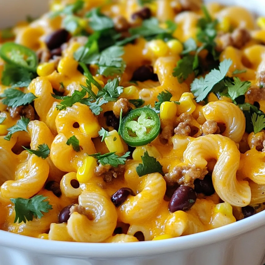 To make Cheesy Taco Pasta Skillet, you need: - 8 oz elbow macaroni - 1 lb ground turkey or beef - 1 medium onion, diced - 2 cloves garlic, minced - 1 packet taco seasoning - 1 can (15 oz) black beans, rinsed and drained - 1 cup corn (frozen or canned) - 1 can (14.5 oz) diced tomatoes, with juices - 2 cups chicken broth - 1 cup shredded cheddar cheese - ½ cup sour cream - Salt and pepper to taste For added flair, consider these garnishes: - Chopped fresh cilantro - Sliced jalapeños (for heat) You can swap ingredients if needed: - Use whole wheat pasta for added fiber. - Ground chicken works well instead of turkey or beef. - Replace sour cream with Greek yogurt for a tangy twist. - Canned corn can be replaced with fresh corn off the cob. {{ingredient_image_1}} Start by heating a large skillet over medium heat. Add one pound of ground turkey or beef. Cook until the meat is brown. This will take about five to seven minutes. If there is any extra fat, drain it off. This keeps the dish light and tasty. Next, add a diced medium onion and two minced garlic cloves. Sauté them for three to four minutes. You want the onion to turn soft and clear. Then, stir in one packet of taco seasoning. Mix well so every bit of meat gets that zesty flavor. Now it’s time to add more good stuff! Toss in eight ounces of elbow macaroni, one can of rinsed black beans, and one cup of corn. Add one can of diced tomatoes with their juices and two cups of chicken broth. Stir everything together until it looks colorful and mixed. Bring your skillet to a gentle boil. Once it bubbles, reduce the heat to low. Cover the skillet and let it simmer for twelve to fifteen minutes. Stir it occasionally to make sure the pasta cooks evenly. When the pasta is al dente, remove the skillet from heat. Now, mix in one cup of shredded cheddar cheese and half a cup of sour cream. Stir until it’s all melted and creamy. Season with salt and pepper to taste. To finish, sprinkle chopped fresh cilantro on top. You can add sliced jalapeños for some heat if you like. To get the best texture, cook the elbow macaroni just right. It should be al dente, which means it is firm but not hard. This adds a nice bite to your dish. Stir the pasta often while it cooks. This helps prevent sticking and ensures even cooking. If your dish looks too dry, add a splash of chicken broth. This keeps everything creamy and smooth. You can boost the flavor in many ways. Add a squeeze of lime juice for a fresh taste. Fresh cilantro adds brightness too. If you want heat, toss in sliced jalapeños. For a cheesy kick, mix in pepper jack cheese with the cheddar. Try using fresh spices like cumin and chili powder if you want more depth. They can really make your dish pop! One mistake is overcooking the pasta. This can make it mushy and less enjoyable. Another common error is forgetting to season. Always taste your dish before serving. Adjust the salt and pepper as needed. Don’t skip the sour cream; it adds creaminess. Lastly, be sure to drain the beans well. Too much liquid can make your pasta soggy. Pro Tips Cook Pasta Separately: For a firmer texture, cook the pasta separately and add it to the skillet just before serving. This prevents the pasta from overcooking and becoming mushy. Use Fresh Ingredients: Using fresh vegetables and herbs can enhance the flavor of your dish significantly. Consider adding bell peppers or fresh corn for added sweetness. Adjust Spice Level: To control the heat, taste the mixture before adding jalapeños or other spicy ingredients. You can always add more, but it’s hard to take heat out! Leftover Storage: Store leftovers in an airtight container in the fridge for up to 3 days. Reheat gently on the stove, adding a splash of broth for moisture. {{image_2}} You can easily make this dish vegetarian. Simply swap the ground meat for 1 cup of lentils or 1 cup of diced mushrooms. This keeps the rich flavors while adding healthy plant protein. You can also add more beans or veggies to enhance the mix. Zucchini and bell peppers work great here. If you want a different protein, consider chicken or shrimp. These options add unique flavors to the dish. Ground chicken or turkey gives a lighter taste. For shrimp, cook them until pink and tender. They add a nice touch of sweetness. Adjust the spice level to fit your taste. If you want it mild, use less taco seasoning. You can add diced bell peppers for sweetness too. For a kick, toss in more jalapeños or a dash of cayenne pepper. Taste as you go to find your perfect heat level. To store leftovers, let the Cheesy Taco Pasta Skillet cool down first. Then, place it in an airtight container. You can keep it in the fridge for up to three days. Make sure to label the container with the date. This way, you know when to eat it. To reheat, you can use the microwave or the stove. If using the microwave, place a portion in a bowl and cover it. Heat it for 1-2 minutes or until warm. If using the stove, add a splash of water to the skillet. Heat over low heat, stirring until hot. This helps keep the pasta creamy. You can freeze this dish for longer storage. First, let it cool completely. Then, transfer it to a freezer-safe container or bag. Remove as much air as possible to prevent freezer burn. It can last up to three months in the freezer. When ready to eat, thaw it in the fridge overnight before reheating. Yes, you can use different pasta shapes. Penne, fusilli, or even spaghetti work well. Just keep an eye on cooking times. Each type may need a slight adjustment to get it just right. To add heat, use sliced jalapeños in the skillet. You can also add a dash of hot sauce. Another option is to sprinkle in some cayenne pepper with the taco seasoning. Adjust these to your taste for the perfect kick. Greek yogurt is a great swap for sour cream. It offers a similar creaminess. If you prefer a dairy-free option, try using cashew cream or coconut yogurt. These keep the dish rich and smooth but change the flavor slightly. This blog post covered key ingredients, steps, tips, and variations to make a tasty dish. We explored the main ingredients, optional garnishes, and smart substitutions. You learned how to cook the meat, add veggies, and perfect texture. We also shared ways to store leftovers and answered common questions. Try mixing flavors or adding your favorite spices. Cooking should be fun, so enjoy making this dish your own!