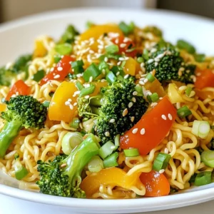 - 2 packs of instant ramen noodles (discard seasoning packets) - 1 tablespoon vegetable oil - 1 cup broccoli florets - 1 bell pepper, sliced (any color) - 1 carrot, julienned - 2 green onions, chopped - 3 cloves garlic, minced - 1 inch ginger, grated - 2 tablespoons soy sauce - 1 tablespoon Sriracha (adjust to taste) - 1 tablespoon sesame oil - 1 tablespoon honey or maple syrup - 1 tablespoon sesame seeds (for garnish) These ingredients create a vibrant and tasty dish. The ramen noodles give a nice base. The veggies add color and crunch. Sriracha brings the heat, and honey or maple syrup balances it with sweetness. If you want to change things up, here are some ideas: - Use whole wheat ramen for more fiber. - Swap broccoli for snap peas or spinach. - Try red pepper or yellow bell pepper for sweeter notes. - Replace honey with agave nectar for a vegan option. - Use tamari instead of soy sauce for gluten-free needs. These swaps keep the dish fresh. You can tailor it to your taste. For the best flavors, consider these brands: - Instant ramen: Check out Nissin or Maruchan. - Soy sauce: Kikkoman offers a reliable choice. - Sriracha: Huy Fong Foods is the classic brand. - Sesame oil: Look for roasted sesame oil for a richer taste. Using quality brands makes a difference. They enhance the dish and help you create a delicious meal. {{ingredient_image_1}} 1. Cook the noodles. Start by boiling water in a pot. Add the instant ramen noodles. Cook for 3-4 minutes until tender. Drain the noodles and set them aside. Add a splash of sesame oil to keep them from sticking. 2. Heat the oil. In a large wok or frying pan, pour in 1 tablespoon of vegetable oil. Heat it on medium-high heat until it shimmers. 3. Sauté the aromatics. Add 3 minced garlic cloves and 1 inch of grated ginger. Stir them for about 30 seconds until they smell great. 4. Add the vegetables. Toss in 1 cup of broccoli florets, 1 sliced bell pepper, and 1 julienned carrot. Stir-fry for about 3-4 minutes. You want them soft but still crisp. 5. Mix in the noodles. Lower the heat to medium. Add the cooked ramen noodles to the pan with the veggies. 6. Prepare the sauce. In a small bowl, mix 2 tablespoons of soy sauce, 1 tablespoon of Sriracha, and 1 tablespoon of honey or maple syrup. Pour this sauce over the noodles and veggies. Toss everything gently to coat. 7. Heat through. Cook for another 2-3 minutes. This lets the flavors blend and warms the noodles. 8. Finish and serve. Remove the pan from heat. Sprinkle chopped green onions and sesame seeds on top before serving. - For the best texture, don’t overcook the noodles. They should be slightly firm. - Use a large enough pan to allow even cooking. Overcrowding can lead to steaming instead of frying. - Stir frequently to avoid burning the garlic and ginger. - When the garlic and ginger are golden and fragrant, it's time to add the veggies. - The vegetables should be bright in color and still have a slight crunch when they’re done. - The noodles should be hot and coated evenly with the sauce before serving. To get the best flavor, use fresh veggies. Broccoli, bell peppers, and carrots give great crunch. Cook the ramen until it’s just tender. This keeps it from getting mushy. Add a splash of sesame oil after draining the noodles. This helps them not stick together. When you sauté garlic and ginger, do it quickly. You want them fragrant but not burnt. Stir-fry the veggies until they are bright and crisp. This keeps them tasty and fresh. One common mistake is overcooking the ramen. If you cook it too long, it will be mushy in the stir-fry. Another mistake is adding all the sauce at once. Instead, add it slowly and mix well. This ensures even flavor. Don't skip the sesame oil; it adds a rich taste. Also, avoid using too many veggies at once. This can crowd the pan and steam your stir-fry instead of frying it. To adjust spice, start with less Sriracha. You can always add more later. A good tip is to taste the sauce before adding it to the noodles. If you want more heat, add a bit more Sriracha. For a milder dish, add a little honey or maple syrup. This balances the heat with sweetness. You can also add a splash of lime juice if you want a zesty kick without more heat. Pro Tips Use Fresh Veggies: Fresh vegetables not only enhance the flavor but also add more nutrients to your dish. Feel free to mix and match based on what you have on hand. Adjust the Spice Level: If you're not a fan of too much heat, start with a smaller amount of Sriracha and gradually increase it to your liking. Meal Prep Friendly: This stir-fry is excellent for meal prepping. You can cook a larger batch and store it in the fridge for up to 3 days. Garnish for Extra Flavor: Don’t skip the sesame seeds and green onions! They add a delightful crunch and fresh flavor that elevates the dish. {{image_2}} You can add protein to make your Spicy Sriracha Ramen Stir-Fry more filling. Chicken works well and cooks fast. Slice boneless chicken thinly. Cook it first in the pan before adding veggies. Tofu is a great choice for a plant-based option. Use firm tofu and press it to remove excess water. Cut it into cubes and fry until golden. Shrimp is another quick option. Just toss them in once the veggies start to soften. These proteins add flavor and texture to your dish. You can mix and match vegetables in your stir-fry. If you don’t have broccoli, try snap peas or spinach. They cook quickly and add color. Bell peppers come in many colors; each has a unique taste. You can also add mushrooms for umami flavor. Zucchini or snow peas are tasty, too. Feel free to use whatever is fresh or in your fridge. This way, you can customize your stir-fry to your liking. To make this dish gluten-free, choose gluten-free soy sauce or tamari. This simple swap keeps the flavor intact. For a vegan version, replace honey with maple syrup or agave. Make sure to use tofu as your protein source. You can also add more veggies for extra nutrients. This way, you can enjoy a spicy and healthy meal that fits your dietary needs. You can store leftover Spicy Sriracha Ramen Stir-Fry in an airtight container. Let it cool down to room temperature first. Then, cover it tightly and place it in the fridge. It will be good for about 3 days. If you want to enjoy it later, consider freezing. When you are ready to eat leftovers, reheat gently. You can use a microwave or a pan on low heat. If using a microwave, cover it to keep moisture in. Add a splash of water or broth to keep it from drying out. Heat until warm, stirring occasionally. To freeze, first, cool the stir-fry completely. Place it in a freezer-safe container or bag. Remove as much air as possible before sealing. It can stay in the freezer for about 1 month. When you want to eat it, thaw in the fridge overnight. Reheat as mentioned above for the best taste. Sriracha sauce is a hot chili sauce. It comes from Thailand. The main ingredients are chili peppers, vinegar, garlic, sugar, and salt. This sauce adds a spicy kick to many dishes. It works well in stir-fries, soups, and marinades. You can adjust the heat by using more or less. Sriracha is great for adding bold flavor. Yes, you can use fresh ramen instead of instant. Fresh ramen has a softer texture. It cooks faster, so watch the time closely. Just boil it for about 2 minutes. Drain it and add it to the stir-fry like you would with instant noodles. This swap can make the dish even tastier. To make this dish less spicy, reduce the Sriracha. Start with just half a tablespoon. You can also add more honey or maple syrup. This will balance the heat with sweetness. Another option is to add more vegetables to dilute the spice. Broccoli and carrots are great choices. You can prepare parts of this dish ahead of time. Cook the noodles and store them in the fridge. Chop the veggies and keep them in a sealed container. When you're ready to eat, just stir-fry everything together. It is best to eat it fresh for the best taste. Reheat the stir-fry carefully to keep the veggies crisp. You now have all the tools to make a great Spicy Sriracha Ramen Stir-Fry. We covered the key ingredients, step-by-step cooking, and useful tips. You learned how to adjust flavors and make it your own with additions. Proper storage guidelines will keep your meal fresh for later. I hope you feel ready to try this dish and share it with others. Enjoy your cooking and savor each bite!