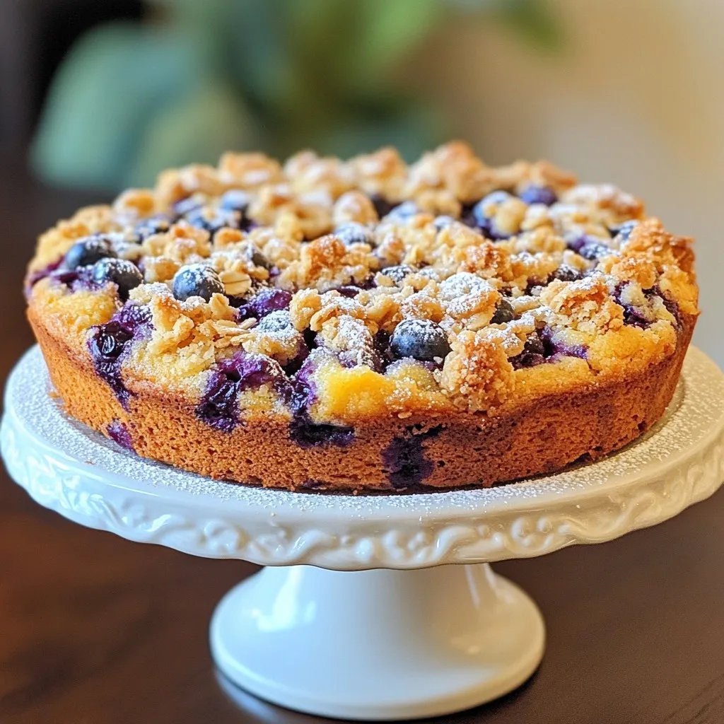 To make a delightful blueberry streusel coffee cake, gather these ingredients: - 2 cups all-purpose flour - 1 cup granulated sugar - ½ cup unsalted butter, softened - 2 large eggs - 1 cup sour cream - 1 teaspoon vanilla extract - 1 teaspoon baking powder - ½ teaspoon baking soda - ¼ teaspoon salt - 2 cups fresh blueberries - ½ cup brown sugar - 1 teaspoon ground cinnamon - ½ cup rolled oats - ¼ cup chopped pecans (optional) These ingredients create a rich and moist cake. The blueberries add sweetness and a burst of flavor. The streusel topping gives a nice crunch and sweetness, thanks to the brown sugar and oats. You can add pecans for extra texture, but they are optional. Using fresh blueberries is best for this recipe. If you use frozen ones, they may make the batter too wet. Always check your ingredients for freshness. This ensures the best taste in your coffee cake. {{ingredient_image_1}} Set your oven to 350°F (175°C). Prepare a 9-inch round cake pan by greasing and flouring it. You can also use parchment paper for easy removal later. In a large bowl, cream together ½ cup softened unsalted butter and 1 cup granulated sugar. Mix until it’s light and fluffy. Add 2 large eggs, one at a time, and mix well after each addition. Next, blend in 1 cup sour cream and 1 teaspoon vanilla extract until combined. In a separate bowl, whisk together 2 cups all-purpose flour, 1 teaspoon baking powder, ½ teaspoon baking soda, and ¼ teaspoon salt. Slowly add this dry mix to the wet ingredients. Be careful not to overmix. Once blended, gently fold in 2 cups fresh blueberries, making sure they are evenly mixed. In a small bowl, combine ½ cup brown sugar, ½ cup rolled oats, and 1 teaspoon ground cinnamon. If you like, add ¼ cup chopped pecans for extra crunch. Mix until crumbly, and set aside. Pour half of the batter into your prepared cake pan. Spread it evenly across the bottom. Sprinkle half of the streusel topping over the batter. Then, pour the rest of the batter on top and finish with the remaining streusel. Place your cake in the preheated oven and bake for 50-60 minutes. Check for doneness by inserting a toothpick into the center. It should come out clean when the cake is ready. Once done, let the cake cool in the pan for about 10 minutes. After that, transfer it to a wire rack to cool completely. For serving, you can dust it with powdered sugar and pair it with whipped cream or vanilla ice cream. Enjoy this delightful treat with your favorite hot drink! To bake the perfect coffee cake, focus on even mixing. Start by creaming the butter and sugar until it’s light. This helps trap air, which makes the cake fluffy. When you add the dry ingredients, mix just until they blend. Overmixing can make the cake tough and dense. Use a spatula to fold in the blueberries gently. This keeps them from breaking apart. This coffee cake pairs well with many things. Serve it warm with a cup of coffee or tea. A dollop of whipped cream adds a nice touch. You can also try it with vanilla ice cream for a tasty dessert. Fresh fruit on the side complements the flavors too. Make your coffee cake shine by adding a few simple touches. After it cools, dust it lightly with powdered sugar. This adds a sweet look. Use beautiful plates to serve slices. You can also add a sprig of mint for color. If you like, drizzle some icing on top for extra flair. These small details make your cake stand out. Pro Tips Use Fresh Blueberries: For the best flavor and texture, opt for fresh blueberries instead of frozen. This will keep the cake moist and prevent excess water from making the batter soggy. Room Temperature Ingredients: Make sure your butter, eggs, and sour cream are at room temperature before mixing. This helps to create a smoother batter and ensures even baking. Check for Doneness: Start checking your cake for doneness at the 50-minute mark. Ovens can vary, so a toothpick should come out clean or with a few moist crumbs, not wet batter. Streusel Storage: If you have leftover streusel topping, store it in an airtight container in the fridge. It can be used as a topping for oatmeal or yogurt later! {{image_2}} You can switch blueberries for other fruits. Raspberries work great in this cake. They add a tangy flavor that mixes well with the sweet batter. Strawberries are another good choice. Just chop them up into small pieces before adding. Mix and match your favorite berries for new tastes and fun colors. If you need a gluten-free cake, you can make easy swaps. Use gluten-free all-purpose flour instead of regular flour. This flour blends well and keeps the cake fluffy. Make sure your baking powder is gluten-free too. With these changes, you can enjoy the same great taste without gluten. You can try adding spices or extracts for new flavors. A teaspoon of almond extract gives a nice twist. Or, add a pinch of nutmeg for warmth. If you like cinnamon, you can increase it in the streusel topping. Experiment with flavors to find your favorite mix. To keep your coffee cake fresh, wrap it well. Use plastic wrap or aluminum foil. You can also store it in an airtight container. This will help prevent it from drying out. Make sure to keep it at room temperature for the best taste. If you want to freeze the cake, first let it cool completely. Wrap each slice tightly in plastic wrap. Then, place the wrapped slices in a freezer bag. This will protect them from freezer burn. When you want to eat it, take it out and thaw it in the fridge overnight. You can also warm it in the microwave for a few seconds. At room temperature, the cake stays good for about 2-3 days. If you store it in the fridge, it lasts around a week. Just make sure it's wrapped well. For the best taste, enjoy it fresh! Yes, you can use frozen blueberries. They work well in this recipe. Here are some tips for using them: - Do not thaw the blueberries before adding them to the batter. - Toss the frozen blueberries in a little flour. This helps prevent them from sinking. - Expect a slightly moister cake due to the frozen berries releasing juices. To test if the cake is done, look for these signs: - Insert a toothpick into the center. If it comes out clean, the cake is done. - The edges should pull away from the pan slightly. - The top should be golden brown and spring back when lightly pressed. Yes, you can prepare this cake ahead of time. Here are some suggestions: - Mix the batter and store it in the fridge for up to 24 hours. - You can also bake the cake and let it cool completely. Store it in an airtight container. - The cake stays fresh for up to three days at room temperature. This blog post shared how to bake a delicious coffee cake. We covered all the key ingredients, from flour to blueberries, and provided clear instructions for mixing, baking, and cooling. The tips and tricks help you ensure perfect results each time. You can even make variations like using different fruits or going gluten-free. With proper storage methods, your cake stays fresh longer. Enjoying this treat with friends or family can make any occasion special. Happy baking!