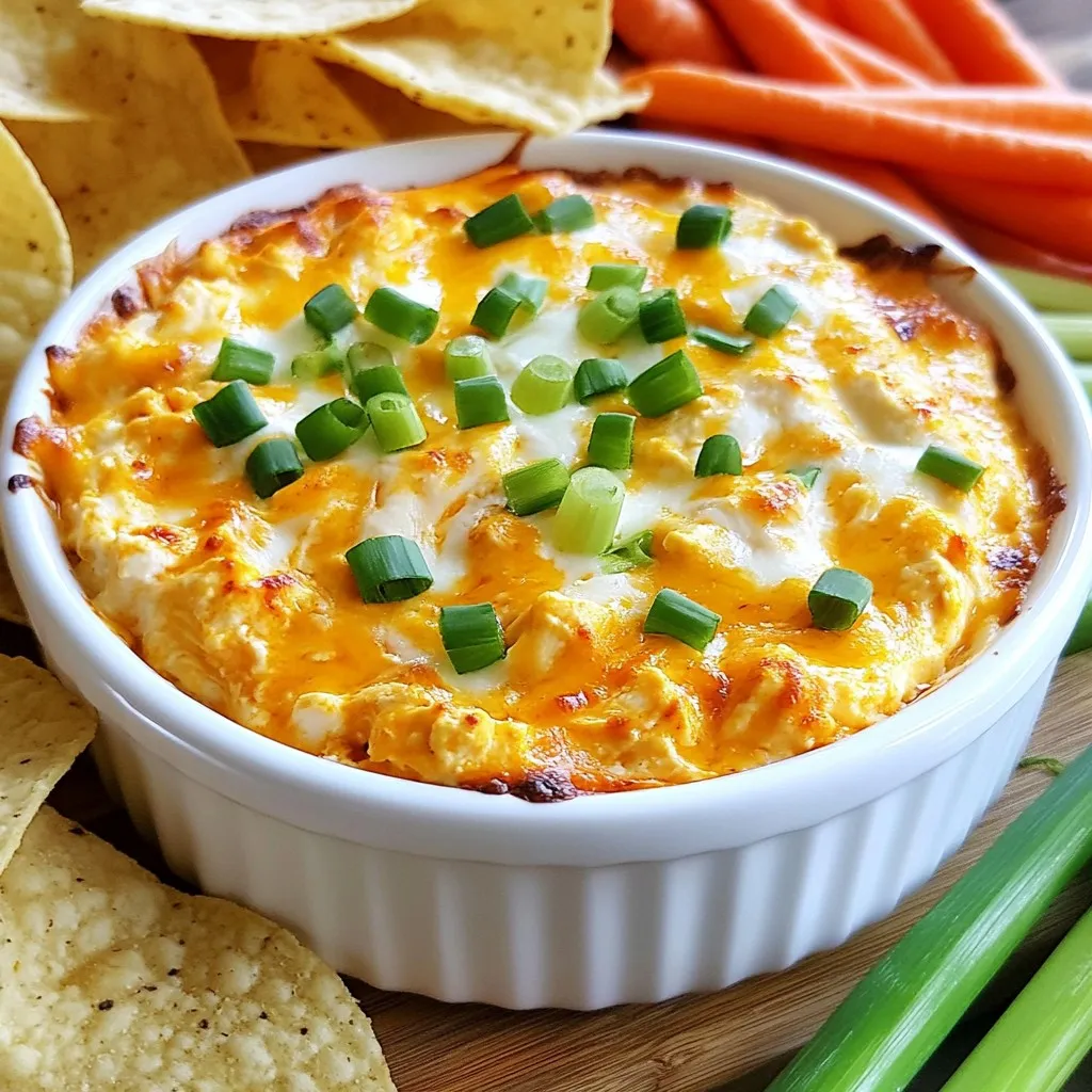 - 2 cups cooked chicken, shredded - 1 (8 oz) package cream cheese, softened - 1 cup buffalo sauce (adjust to taste) - 1 cup shredded cheddar cheese - ½ cup ranch dressing - ½ cup blue cheese crumbles (optional) - ¼ cup green onions, chopped (for garnish) - Tortilla chips, celery sticks, or carrot sticks for serving These ingredients create a rich and creamy dip. The chicken provides protein. Cream cheese gives it a smooth texture. Buffalo sauce adds heat and flavor. Cheddar cheese melts perfectly into the dip. Ranch dressing balances the spice. Blue cheese crumbles add a tangy twist. Green onions make it look fresh and bright. - Blue cheese crumbles - Extra hot sauce for more spice - Other cheese like mozzarella or pepper jack You can skip the blue cheese if you don’t like it. For more spice, add extra hot sauce. Mixing in different cheeses can change the flavor too. - Tortilla chips for crunch - Celery sticks for a fresh bite - Carrot sticks for a sweet touch Serve this dip warm. It’s great for parties or game days. Use tortilla chips for scooping. Celery sticks add a nice crunch. Carrot sticks bring a sweet flavor. Enjoy this dip with friends and family! {{ingredient_image_1}} Start by gathering your ingredients. You will need: - 2 cups cooked chicken, shredded - 1 (8 oz) package cream cheese, softened - 1 cup buffalo sauce (adjust to taste) - 1 cup shredded cheddar cheese - ½ cup ranch dressing - ½ cup blue cheese crumbles (optional) - ¼ cup green onions, chopped (for garnish) - Tortilla chips, celery sticks, or carrot sticks for serving Make sure your chicken is cooked and shredded. You can use leftover chicken or rotisserie chicken. Soften your cream cheese by leaving it out for a bit. This helps it mix well. Now that your ingredients are ready, it’s time to cook. Place the shredded chicken, softened cream cheese, and buffalo sauce in your slow cooker. Stir these until they blend well. Next, add the shredded cheddar cheese and ranch dressing. If you like blue cheese, toss that in too. Stir everything together until it’s mixed well. Cover the slow cooker. Cook on low for 2 hours or on high for 1 hour. Stir it occasionally. You want it hot and creamy. After cooking, give the dip a good stir. Make sure all the ingredients are mixed well. Taste the dip and, if you like more heat, add extra buffalo sauce. When it’s ready, serve it warm. Garnish with chopped green onions for a fresh look. Pair it with tortilla chips, celery sticks, or carrot sticks for dipping. Enjoy your tasty dip! For this dip, use cooked chicken. You can use rotisserie chicken for ease. It saves time and adds great flavor. Just shred it into small pieces. You can also boil chicken breasts. Simply cook them until done, then shred. Both options work well. The key is to ensure your chicken is tender and easy to mix. Buffalo sauce can be spicy. If you like it mild, start with less sauce. You can always add more later. Mix in a little first, taste, and adjust. If you want it hot, pour in more sauce. You can also blend in ranch dressing to cool it down. This balance lets you control the heat and enjoy the dip. You can prep this dip early. Mix all the ingredients in your slow cooker. Then, store it in the fridge until you’re ready to cook. Just heat it in the crockpot when you need it. It’s a great time-saver for parties or busy nights. This way, you enjoy more time with friends and family. Pro Tips Adjust the Heat: Start with 1 cup of buffalo sauce and taste as you go. You can always add more if you prefer a spicier dip! Use Rotisserie Chicken: For an even quicker prep time, use shredded rotisserie chicken instead of cooking your own. Make It Creamier: For a creamier texture, mix in an extra 4 oz of cream cheese or a splash of heavy cream. Prep Ahead: You can prepare the dip in advance and store it in the refrigerator. Just heat it up in the slow cooker or on the stove when you're ready to serve. {{image_2}} You can make a tasty vegetarian version of this dip. Swap the chicken for shredded jackfruit or chickpeas. Use the same creamy base with cream cheese and buffalo sauce. Add some chopped spinach for extra flavor and nutrients. This twist keeps the dip rich and satisfying without meat. Want to kick up the flavor? Add minced garlic for a bold taste. You can also mix in herbs like thyme or parsley. These add freshness and a nice aroma. If you enjoy a little zest, try a dash of lemon juice. It brightens the dip and balances the heat from the buffalo sauce. Looking for a lighter option? Use low-fat cream cheese instead of the regular kind. You can also replace ranch dressing with a low-fat version. For a healthier cheese choice, opt for part-skim cheddar. These swaps cut calories but keep the dip creamy and delicious. Enjoy this tasty treat while feeling good about your choices! To store your leftover dip, let it cool to room temperature. Then, scoop it into an airtight container. Make sure to seal it well to keep it fresh. You can store it in the fridge for up to three days. Just remember to label your container with the date! When you're ready to enjoy the dip again, take it out of the fridge. You can reheat it in the microwave. Use a microwave-safe bowl and heat it in short bursts. Stir every 30 seconds until it warms up. You can also reheat it in the crockpot on low. Stir often to ensure even heating. If you want to save it for later, you can freeze the dip. Place it in a freezer-safe container. Leave some space at the top because it will expand. You can freeze it for up to three months. When you’re ready to use it, thaw it in the fridge overnight. Reheat as needed for the best taste! Yes, you can make this dip on the stove. Start by mixing all the ingredients in a pot. Heat it over medium heat. Stir often until it is hot and creamy. This method takes about 10-15 minutes. If you have no crockpot, this is a great option. You can keep leftovers in the fridge for up to 3 days. Store them in an airtight container. Make sure it cools down before you put it in the fridge. If you want to keep it longer, freeze it for up to 2 months. Buffalo chicken dip pairs well with many snacks. Here are some great options: - Tortilla chips - Celery sticks - Carrot sticks - Crackers - Pita bread Feel free to mix and match based on what you like! This article walks you through every step of making buffalo chicken dip. You learned about key ingredients, cooking methods, and tips for the best flavor. We explored fun variations and how to store leftovers properly. In conclusion, with these steps and ideas, you can create your perfect dish. Enjoy some tasty buffalo chicken dip with friends or family. Your next party will be a hit!