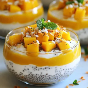 To make Mango Coconut Chia Pudding, you need a few simple ingredients. Each one plays a key role in flavor and texture. Here’s what you will use: - 1 cup coconut milk (canned or carton) - ½ cup almond milk (or any preferred milk) - ¼ cup chia seeds - 2 tablespoons maple syrup (or honey) - 1 ripe mango, diced - ¼ teaspoon vanilla extract - A pinch of salt - Toasted coconut flakes for garnish Coconut milk adds creaminess and a tropical vibe. Almond milk lightens the mix. Chia seeds are the star here; they thicken the pudding and add fiber. Maple syrup or honey gives it sweetness, while vanilla extract adds depth. Salt balances the flavors wonderfully. Finally, diced mango brings a burst of freshness. You can top it all off with toasted coconut flakes for crunch. Gather these items, and you are ready to start making this delightful treat! {{ingredient_image_1}} 1. First, grab a mixing bowl. Pour in 1 cup of coconut milk and ½ cup of almond milk. Add 2 tablespoons of maple syrup, ¼ teaspoon of vanilla extract, and a pinch of salt. Whisk these ingredients well until they blend smoothly. 2. Next, slowly sprinkle in ¼ cup of chia seeds. Keep whisking to prevent clumps. This step is key! You want the seeds to mix evenly in the liquid. 3. Now, cover the bowl with plastic wrap and put it in the fridge. Let it chill for at least 4 hours or overnight. This allows the chia seeds to soak up the liquid and thicken the pudding. 1. Once ready, take the pudding out of the fridge. Stir it well to mix any chia seeds that settled at the bottom. 2. For a fun way to serve, grab some clear glasses or bowls. Start with a spoonful of chia pudding at the bottom. Then layer in some diced mango. Repeat this with another layer of pudding, followed by more mango on top. 3. Finish by sprinkling some toasted coconut flakes on top for a crunchy bite. You can also add a mint leaf for a pop of color and freshness. Enjoy your delightful treat! To make the best mango coconut chia pudding, whisking is key. When you mix the coconut milk, almond milk, maple syrup, vanilla, and salt, whisk until it is smooth. This helps blend all flavors well. Next, add the chia seeds slowly. If you pour them in all at once, they clump together. Keep whisking as you add them. This step ensures each seed can soak up the liquid. Let the mixture sit in the fridge for at least four hours. Chia seeds need time to absorb the liquid. If you want a thicker pudding, leave it overnight. After chilling, stir the pudding. This helps break up any seeds that may have settled. Achieving a creamy and smooth texture is the goal. Serving your pudding in clear glasses is a great idea. This lets the beautiful layers shine through. Start by spooning some chia pudding into the glass. Then, add a layer of diced mango. Repeat this for a lovely effect. Top it off with more mango for a colorful finish. For a touch of freshness, add a mint leaf on top. This not only looks pretty but also adds a nice aroma. You can also sprinkle toasted coconut flakes for added crunch. These simple touches make your dessert look and taste amazing. Pro Tips Use Fresh Mango: For the best flavor, choose a ripe mango that yields slightly to pressure and has a sweet aroma. Chia Seed Soaking: Ensure you allow enough time for the chia seeds to absorb liquid, ideally letting them sit overnight for optimal thickness. Layering Technique: When layering, use a spoon to gently drop the chia pudding and mango to maintain distinct layers. Flavor Variations: Experiment with different milk alternatives or add spices like cinnamon for a unique twist on the flavor. {{image_2}} You can easily make this pudding dairy-free. First, use coconut milk. This gives a rich flavor. If you want a lighter taste, almond milk works well. You can also try oat milk or soy milk. Each will change the taste a bit but still make it creamy. Want to spice things up? Adding cinnamon gives a warm flavor. Just a dash will do. You can also layer in different fruits for variety. Try berries or pineapple for a burst of color. Each fruit adds its unique taste and makes the dish fun. Mix and match to find your favorite combo! To keep your mango coconut chia pudding fresh, use a glass jar or airtight container. These containers prevent air from spoiling your pudding. You can store it in the fridge for up to five days. Just remember to keep it covered to avoid odors from other foods. Yes, you can freeze chia pudding! It freezes well and makes a quick snack. To freeze, pour the pudding into a freezer-safe container. Leave some space at the top for expansion. When you want to enjoy it, take it out and thaw it in the fridge overnight. Avoid using a microwave as it can change the texture. Chia seeds are tiny but mighty. They offer high amounts of fiber, which helps with digestion. They also have protein, which supports muscle growth. Omega-3 fatty acids in chia seeds are good for heart health. Plus, they contain important minerals like calcium and magnesium. Mango Coconut Chia Pudding can last for up to five days in the fridge. Make sure to store it in an airtight container. This will keep it fresh and tasty. If you notice any changes in smell or texture, it is best to throw it away. Yes, you can use frozen mango. Just thaw it first and drain any extra liquid. Frozen mango can still give you a lovely flavor. Plus, it’s often easier to find and lasts longer than fresh mango. Chia pudding is safe for kids and pregnant women. Chia seeds are full of nutrients that can be healthy for all ages. However, always check for allergies first. If you have any concerns, consult a doctor before adding chia seeds to your diet. This blog post covered the ingredients and steps to make a delicious Mango Coconut Chia Pudding. You learned about important tips for texture and presentation, plus some fun variations. Experiment with different milks and fruits to make it your own. Remember to store it well for freshness. Enjoy this tasty treat knowing how easy it is to make! It’s great for you and your family. Let's get blending!