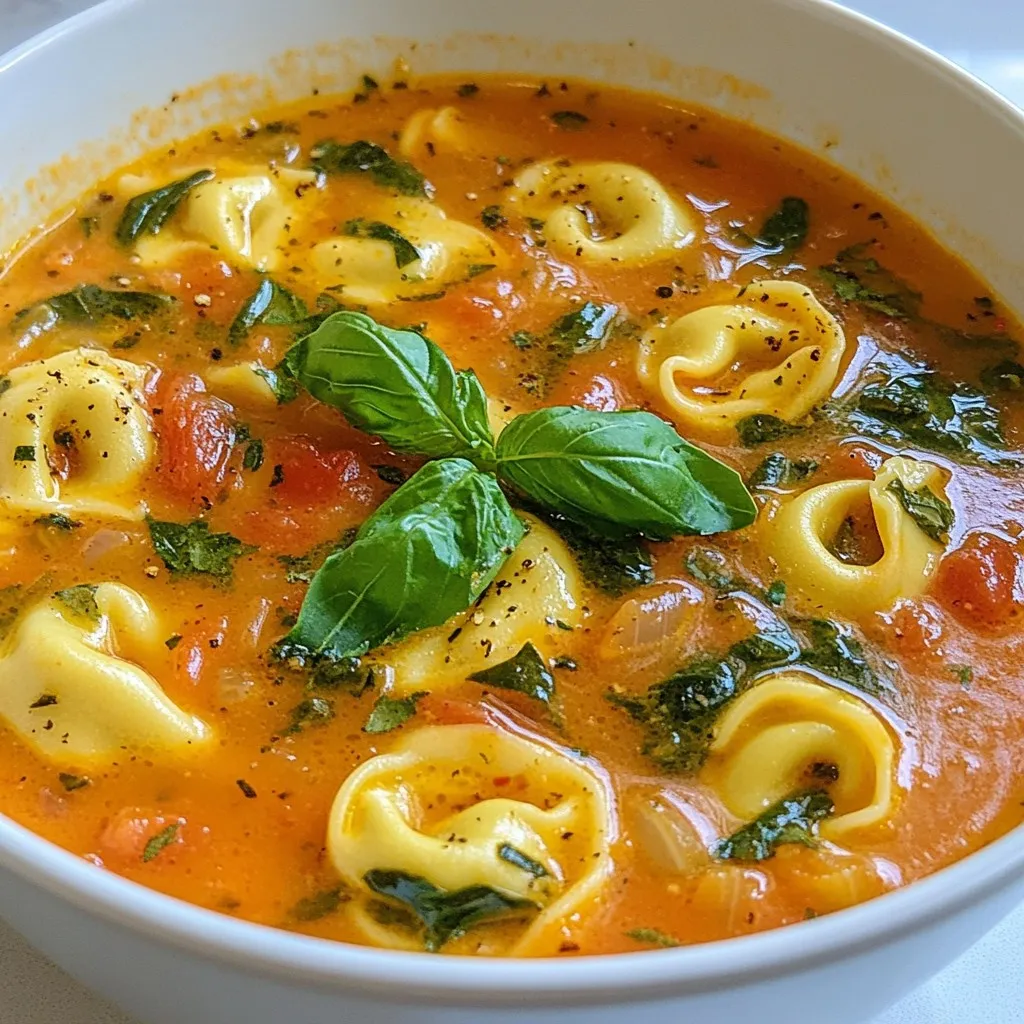 To create a tasty creamy tomato basil tortellini soup, you need simple yet fresh ingredients. Each one adds to the warmth and flavor of the dish. Here’s the list of what you will need: - 2 tablespoons olive oil - 1 medium onion, diced - 3 cloves garlic, minced - 1 can (28 oz) crushed tomatoes - 3 cups vegetable broth - 1 teaspoon dried oregano - 1 teaspoon dried basil - ½ teaspoon red pepper flakes (optional) - 2 cups fresh spinach, chopped - 1 package (9 oz) cheese tortellini - 1 cup heavy cream - Salt and pepper to taste - Fresh basil leaves for garnish Each ingredient brings unique flavors. The olive oil helps to sauté the onion and garlic, giving a rich base. Onions add sweetness, while garlic brings warmth. Crushed tomatoes form the soup's heart, creating a vibrant red color. Vegetable broth enhances the overall flavor and adds depth. Dried herbs like oregano and basil give an aromatic boost. If you like a kick, red pepper flakes add a nice touch. Fresh spinach not only adds color but also a healthy element. Cheese tortellini brings a satisfying texture, while heavy cream makes it rich and creamy. Season with salt and pepper to taste, and finish with fresh basil leaves for a bright garnish. These ingredients work together to make a dish that is cozy and full of flavor. Enjoy cooking this delightful soup! {{ingredient_image_1}} - Sautéing onion and garlic Start by heating 2 tablespoons of olive oil in a large pot over medium heat. Add 1 medium diced onion. Cook the onion for about 5 minutes until it turns translucent. Next, stir in 3 cloves of minced garlic. Cook for another 1-2 minutes until the garlic smells great. - Adding tomatoes and broth Pour in 1 can of 28-ounce crushed tomatoes and 3 cups of vegetable broth. This mix gives the soup its rich base. Add 1 teaspoon of dried oregano, 1 teaspoon of dried basil, and ½ teaspoon of red pepper flakes if you like some heat. Stir everything together and bring it to a simmer. - Incorporating seasoning After the soup simmers, taste it and adjust the seasoning. You can add more salt or pepper based on your preference. This is key to a full flavor. - Cooking spinach and tortellini Now, add 2 cups of chopped fresh spinach and a package of 9-ounce cheese tortellini. Cook according to the package instructions, usually about 5-7 minutes. Make sure the tortellini is al dente for the best texture. - Adding heavy cream and final seasoning Reduce the heat to low and gently stir in 1 cup of heavy cream. This will make the soup creamy and rich. Warm it through, but avoid boiling. Taste once more and add salt and pepper if needed. Serve hot, garnished with fresh basil leaves. This soup will warm you up and delight your taste buds! - Best practices for sautéing: Start with a hot pot. Add olive oil first and let it heat. Then, add the diced onion. Sauté until it turns clear, about five minutes. This step builds a strong flavor base. - How to avoid curdling cream: To prevent curdling, always add cream at low heat. Never let the soup boil after adding the cream. Stir gently to mix it well. - Testing tortellini for doneness: Check the tortellini after five minutes. It should be soft yet firm. If it feels too hard, let it cook for another minute or two. - Pairing with bread or salad: This soup pairs well with crusty bread or a fresh salad. The bread soaks up the soup, while the salad adds a crisp texture. - Recommended garnishes: Top the soup with fresh basil leaves. A sprinkle of grated cheese can also add a nice touch. - Alternative herbs and spices: Try adding thyme or parsley for a different twist. A pinch of nutmeg can also enhance the creaminess. - Tips for homemade version: For a homemade flavor, use fresh tomatoes instead of canned. Roast them first to deepen the taste. Add more fresh herbs for a bright finish. Pro Tips Fresh Ingredients: Using fresh basil and spinach will elevate the flavor of your soup significantly compared to dried herbs. Adjusting Creaminess: If you prefer a lighter soup, reduce the amount of heavy cream or substitute with half-and-half for a similar texture. Flavor Boost: A splash of balsamic vinegar can add a wonderful depth of flavor to your soup just before serving. Meal Prep Friendly: This soup can be made ahead of time and stored in the fridge for up to three days. Reheat gently on the stove. {{image_2}} You can make this soup vegan by swapping out some ingredients. Instead of heavy cream, use coconut cream or cashew cream. This keeps it rich but dairy-free. For a gluten-free option, choose gluten-free tortellini. There are many brands available that offer tasty gluten-free pasta. If you want to try something different, substitute heavy cream with almond milk or oat milk. These options provide a lighter feel. Adding protein can also enhance the soup. Consider cooked chicken, turkey, or even beans for a hearty touch. Using seasonal vegetables can elevate your dish. In summer, try adding zucchini or bell peppers. In fall, pumpkin or butternut squash can add depth. Adjust spices based on the season too. In winter, add warming spices like nutmeg. In spring, fresh herbs like dill can brighten the flavors. To keep your creamy tomato basil tortellini soup fresh, store it in an airtight container. Make sure it cools down first. Place it in the fridge within two hours of cooking. The soup tastes best when used within three to four days. To freeze the soup, let it cool completely. Pour it into freezer-safe bags or containers. Make sure to leave some space for expansion. Label the bags with the date. You can freeze the soup for up to three months. When you are ready to eat, thaw the soup overnight in the fridge. Reheat it on the stove over low heat. Stir often to ensure it heats evenly. If it looks thick, add a splash of broth or cream. Enjoy your soup just like the first time! Can I use frozen tortellini? Yes, you can use frozen tortellini. It cooks well in this soup. Just add it directly to the pot. Follow the package directions for cooking time. Frozen tortellini usually cooks in about 8-10 minutes. The soup will stay creamy and flavorful. Can I make this soup ahead of time? You can make this soup ahead of time. It tastes even better the next day! Just store it in the fridge. Reheat it on low heat before serving. If you make it too early, the tortellini may get soft. You can cook them fresh when you reheat the soup. What can I do with leftovers? Leftovers are great for lunch or dinner. Store them in an airtight container. They will last for about three days in the fridge. You can also freeze the soup. To reheat, warm it on the stove or in the microwave. Add a splash of cream if it thickens too much. This blog post covered how to make a flavorful soup with tortellini. We went through the key ingredients, preparation steps, and useful tips. You learned how to store and freeze the soup, plus some great variations for dietary needs. Always feel free to adjust flavors and ingredients based on what you have. Cooking should be fun and simple. I hope you feel ready to enjoy this warm, comforting dish!