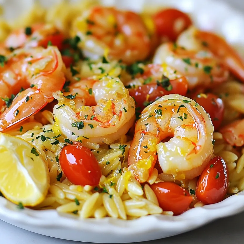 To make this tasty dish, gather these items: - 1 lb large shrimp, peeled and deveined - 1 cup orzo pasta - 3 cups low-sodium chicken broth - 3 tablespoons olive oil - 4 cloves garlic, minced - 1 medium onion, diced - 1 cup cherry tomatoes, halved - 1 lemon, zested and juiced - 1 teaspoon dried oregano - Salt and pepper to taste - Fresh parsley, for garnish - Crushed red pepper flakes, optional for heat You can add some fun flavors with these extras: - Crushed red pepper flakes for spice - Fresh basil for a sweet touch - A splash of white wine for depth - Lemon slices for garnish This dish serves four and is quite balanced. Here’s a quick look: - Calories: 400 per serving - Protein: 30g from shrimp - Carbs: 50g from orzo - Fat: 15g from olive oil - Fiber: 2g from tomatoes This meal is hearty and packed with flavor. It keeps you full and happy. Enjoy cooking! {{ingredient_image_1}} To make One-Pan Lemon Garlic Shrimp Orzo, gather your ingredients first. You need: - 1 lb large shrimp, peeled and deveined - 1 cup orzo pasta - 3 cups low-sodium chicken broth - 3 tablespoons olive oil - 4 cloves garlic, minced - 1 medium onion, diced - 1 cup cherry tomatoes, halved - 1 lemon, zested and juiced - 1 teaspoon dried oregano - Salt and pepper to taste - Fresh parsley, for garnish - Crushed red pepper flakes, optional for heat Start by prepping your shrimp and veggies. Make sure the shrimp is clean. Dice the onion and mince the garlic. Halve the cherry tomatoes and zest the lemon. This prep makes cooking easier. Heat olive oil in a large skillet over medium heat. Add the diced onion and minced garlic. Sauté for about 3-4 minutes until the onion is soft. Stir in the orzo pasta and toast it for 1-2 minutes. This adds a nice flavor. Next, pour in the chicken broth, lemon juice, and zest. Bring everything to a gentle simmer. Add the halved cherry tomatoes and dried oregano. Season with salt and pepper. Reduce the heat to low and cover the pan. Let the orzo cook for about 10 minutes. Stir occasionally until most of the liquid is absorbed. You want it tender but not mushy. While the orzo cooks, season the shrimp with salt, pepper, and crushed red pepper flakes if you like heat. After 10 minutes, stir the shrimp into the orzo. Cover the pan again and cook for another 5-7 minutes. The shrimp should turn pink and be cooked through. To get perfectly cooked shrimp, watch the time closely. Overcooked shrimp will be tough. The shrimp should be pink and firm when done. Using fresh shrimp gives the best flavor. If you can, choose wild-caught shrimp. It's more tasty and sustainable. You can also try marinating the shrimp in lemon juice for 15 minutes before cooking. This adds a zesty kick. Keep these tips in mind for a delightful dish every time! To make One-Pan Lemon Garlic Shrimp Orzo, you need a few tools. Here’s what I suggest: - Large skillet or sauté pan - Wooden spoon or spatula - Measuring cups and spoons - A sharp knife for chopping - A cutting board These tools help you cook with ease and keep your kitchen tidy. I see many cooks make simple mistakes. Here are a few to watch out for: - Overcooking shrimp makes them tough. Cook just until pink. - Not toasting the orzo dulls the flavor. Take the time to toast it. - Skipping the seasoning can lead to bland food. Don’t forget salt and pepper! Avoiding these mistakes will lead to a better dish. To make your dish even tastier, try these tips: - Use fresh herbs instead of dried ones. Fresh parsley adds brightness. - Add a splash of white wine with the broth for depth. - Experiment with spices like smoked paprika for a unique twist. These small changes can elevate your One-Pan Lemon Garlic Shrimp Orzo to a new level. Enjoy the cooking process! Pro Tips Fresh Ingredients: Always use fresh shrimp and seasonal vegetables for the best flavor and texture. Perfectly Cooked Shrimp: Be careful not to overcook the shrimp; they should turn pink and opaque, which takes only a few minutes. Flavor Boost: Add a splash of white wine to the pan after sautéing the garlic and onion for an extra layer of flavor. Serving Suggestions: Serve with crusty bread or a side salad to make a complete meal. {{image_2}} You can swap shrimp for chicken or tofu. If you use chicken, cut it into small pieces. Brown the chicken in the pan first. Cook it until golden brown before adding the orzo. For tofu, use firm tofu and cut it into cubes. Sauté the tofu until it gets crispy. Both options will soak up the lemon and garlic flavors well. To make this dish vegetarian, simply leave out the shrimp. You can add chickpeas or white beans for protein. These beans add texture and a protein boost. You can also use more veggies like zucchini or spinach. Add them in during the cooking process to keep their color and crunch. This method keeps the dish light and fresh. Using seasonal vegetables can brighten up your one-pan meal. In spring, add asparagus or peas for a pop of color. Summer calls for bell peppers and corn, which bring sweetness. In fall, consider adding butternut squash or kale. Winter is great for root veggies like carrots and parsnips. These veggies not only add flavor but also nutrition. Store leftover One-Pan Lemon Garlic Shrimp Orzo in an airtight container. Make sure it cools down first. Place it in the fridge within two hours of cooking. It will stay fresh for up to three days. When you are ready to eat, check the shrimp. If it smells off, do not eat it. You can freeze this dish, but the shrimp may change texture. To freeze, let the dish cool completely. Use a freezer-safe container or bag, and remove as much air as possible. Label the container with the date. It will last up to three months in the freezer. Thaw it overnight in the fridge before reheating. When reheating, add a splash of chicken broth or water. This helps restore moisture. Use the stove or microwave to heat it. If using the stove, warm it over low heat until hot. For the microwave, cover it with a lid or microwave-safe wrap. Heat in short intervals, stirring often. Enjoy your meal fresh! Yes, you can! Other small pasta types work well. Try ditalini or small shells. Adjust cooking time based on pasta size. Follow the package instructions for best results. The spice level is mild to medium. One pinch adds flavor without overwhelming heat. If you like it spicier, add more flakes. Taste as you go to find your perfect heat. Several sides complement this dish well. Try a simple green salad with lemon vinaigrette. Garlic bread is also a great choice. Roasted vegetables add color and nutrition. Consider pairing with steamed asparagus or broccoli for balance. This blog post covered how to make One-Pan Lemon Garlic Shrimp Orzo. You learned about the key ingredients, cooking steps, and tips for a perfect dish. We also explored variations using chicken or tofu, and how to store leftovers properly. In conclusion, this meal is easy, tasty, and flexible. You can customize it to fit your taste. Enjoy cooking this dish and share it with family or friends! It’s sure to impress everyone at the table.