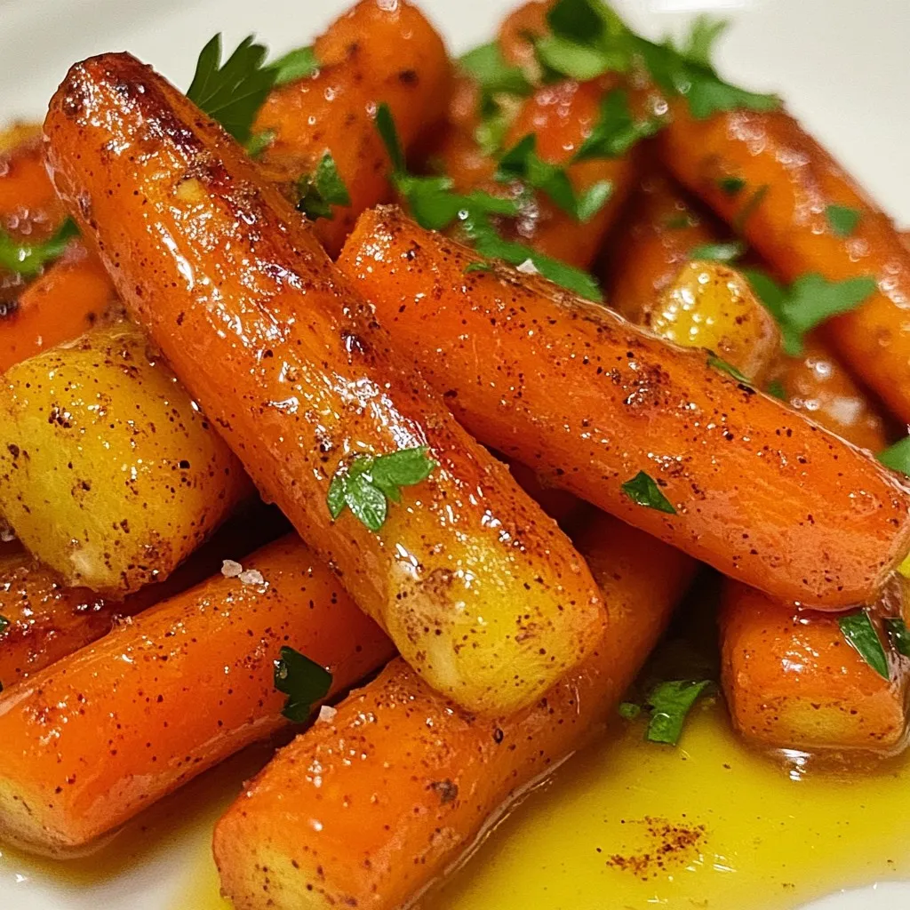 To make maple glazed carrots, you need the following ingredients: - 1 lb baby carrots (or regular carrots, cut into sticks) - 3 tablespoons pure maple syrup - 2 tablespoons unsalted butter - 1 tablespoon olive oil - ½ teaspoon sea salt - ¼ teaspoon black pepper - ½ teaspoon ground cinnamon - 1 tablespoon fresh parsley, chopped (for garnish) You will need some basic kitchen tools for this recipe: - Baking sheet - Mixing bowl - Spoon or spatula - Measuring spoons Want to mix things up? Consider these optional add-ins: - A sprinkle of nutmeg for warmth - A dash of cayenne for heat - Chopped nuts for crunch - A squeeze of lemon for brightness These small changes can take your dish from good to great! {{ingredient_image_1}} First, set your oven to 400°F (200°C). This step is key because it helps the carrots roast well. A hot oven allows the natural sugars in the carrots to caramelize. This gives them a sweet, tasty flavor that pairs perfectly with maple syrup. Next, grab a mixing bowl. In it, mix together 3 tablespoons of pure maple syrup, 2 tablespoons of unsalted butter, and 1 tablespoon of olive oil. Add ½ teaspoon of sea salt, ¼ teaspoon of black pepper, and ½ teaspoon of ground cinnamon. Stir until the butter melts and everything blends together. The glaze will be sweet and savory. This is what makes the carrots shine. Now, take your baby carrots. If you use regular carrots, cut them into sticks. Place the carrots in the bowl with the glaze. Toss them gently until each carrot is coated. Spread them out on a baking sheet in one layer. This helps them cook evenly. Roast the carrots in your preheated oven for 20-25 minutes. Stir them halfway through to ensure they cook well on all sides. When they are tender and caramelized, take them out. Let them cool for a couple of minutes. Transfer the carrots to a serving dish. Drizzle any leftover glaze from the baking sheet over them. Finish by sprinkling chopped fresh parsley on top for a pop of color. Enjoy this simple and tasty side dish! To achieve perfectly glazed carrots, follow these simple steps: - Use fresh baby carrots or cut regular carrots into uniform sticks. - Make sure to coat every carrot with the maple mixture. This helps them caramelize evenly. - Stir the carrots halfway through roasting. This promotes even cooking and enhances the glaze. - Roast until tender and slightly charred. This creates a sweet, savory flavor. Many people make mistakes when cooking glazed carrots. Here are some to watch for: - Don’t overcrowd the baking sheet. This causes steaming, not roasting. - Avoid using too much butter or syrup. Balance is key for flavor. - Don’t skip the cinnamon. It adds warmth and depth to the dish. - Watch the cooking time closely. Overcooking can lead to mushy carrots. Using the right tools makes cooking easier and more fun. Here are my top picks: - A sturdy baking sheet with a rim helps catch drips. - Use a mixing bowl for combining your glaze. A whisk works well for mixing. - Tongs are great for tossing the carrots without making a mess. - A spatula helps to flip the carrots while roasting, ensuring even cooking. Pro Tips Choose Fresh Carrots: Select vibrant, firm carrots for the best flavor and texture. Fresh carrots caramelize beautifully and enhance the dish. Adjust Sweetness: Depending on your preference, you can add more or less maple syrup to achieve your desired level of sweetness. Experiment with Spices: Feel free to mix in other spices like nutmeg or ginger for a unique flavor profile that complements the sweetness of the maple. Perfect Roasting: To ensure even cooking, make sure the carrots are spread out in a single layer on the baking sheet and stir halfway through roasting. {{image_2}} You can make maple glazed carrots even better. Try adding a splash of orange juice or zest. This adds brightness and a fresh taste. You can also mix in chopped nuts, like pecans or walnuts, for crunch. A sprinkle of chili flakes gives a nice kick. If you love herbs, fresh thyme or rosemary pairs well with the maple flavor. Roasting is great, but you can cook carrots in other ways too. On the stovetop, melt butter and maple syrup in a pan. Add the carrots and cook until tender. Boiling is another option. Just boil the carrots until soft, then drain. After that, toss them with the maple glaze in a pan over low heat. Both methods work well, but roasting brings out the best flavor. You can easily swap ingredients to fit your taste. If you don’t have baby carrots, cut regular carrots into sticks. For a dairy-free option, use coconut oil instead of butter. If you want a sugar-free version, try using sugar-free maple syrup. Instead of sea salt, regular table salt works fine. The key is to keep the main flavors while making it your own. After enjoying your maple glazed carrots, let them cool to room temperature. Place the leftover carrots in an airtight container. Store them in the fridge. They can last for up to three days. Make sure to seal the container well to keep them fresh. To reheat your maple glazed carrots, you can use a few methods. The best way is to use the oven. Preheat the oven to 350°F (175°C). Spread the carrots on a baking sheet. Heat for about 10-15 minutes until warm. You can also use a microwave. Place the carrots in a microwave-safe bowl. Heat for about 1-2 minutes. Stir halfway to heat evenly. Freezing maple glazed carrots is simple. First, let the carrots cool completely. Place them in a freezer-safe bag or container. Remove as much air as possible to avoid freezer burn. You can freeze them for up to three months. When ready to eat, thaw them in the fridge overnight. Reheat as described above. Enjoy your delicious side dish anytime! You can pair maple glazed carrots with many dishes. They work well with roasted chicken or turkey. Try them alongside grilled pork chops for a sweet and savory mix. They also taste great with quinoa or rice. For a vegetarian meal, serve them with a hearty salad or lentils. Yes, you can make this recipe vegan. Replace the unsalted butter with vegan butter or coconut oil. Use maple syrup as your sweetener, which is already vegan. The rest of the ingredients are plant-based as well. Leftovers can last up to four days in the fridge. Store them in an airtight container for best results. When ready to eat, you can reheat them in the oven or microwave. Yes, you can use frozen carrots. Just thaw them first and drain excess water. Frozen carrots may need a few extra minutes to roast. Make sure they are cooked until tender. In this post, I covered how to make delicious maple glazed carrots. We looked at the key ingredients and the right tools you need. I shared step-by-step directions for preheating the oven, making the glaze, and roasting the carrots. I also offered tips to avoid common mistakes and shared fun variations. Lastly, we discussed how to store leftovers and answered common questions. Follow these steps for tasty carrots that everyone will love. Enjoy your cooking!